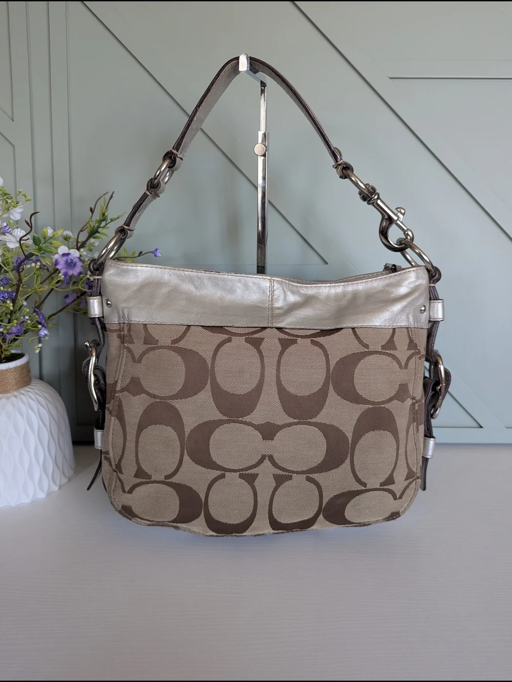 Coach Signature Canvas Hobo Bag in Brown and Metallic Taupe